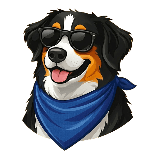 Mascote da PraPet: um cão de óculos escuros e bandana azul